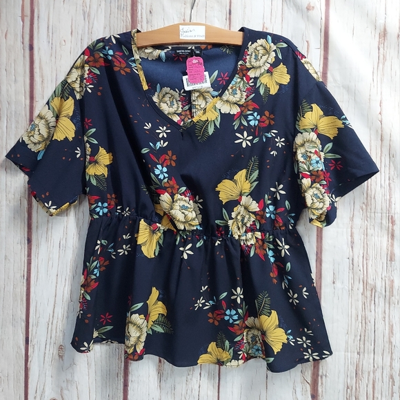 Elastic Waist Floral Print V Neck Blouse - Picture 7 of 11